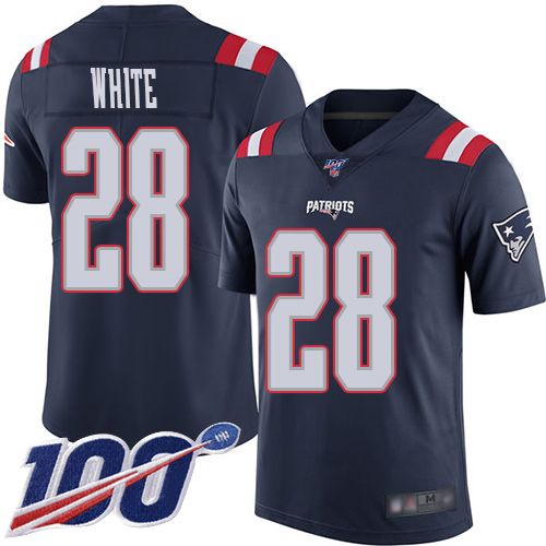 New England Patriots Football 28 100th Season Rush Limited Navy Blue Men James White NFL Jersey